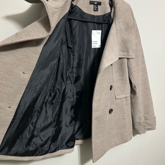H&M Women's Pea Coat Jacket 12 Taupe Beige Casual Double Breast Button High Neck - Picture 5 of 14